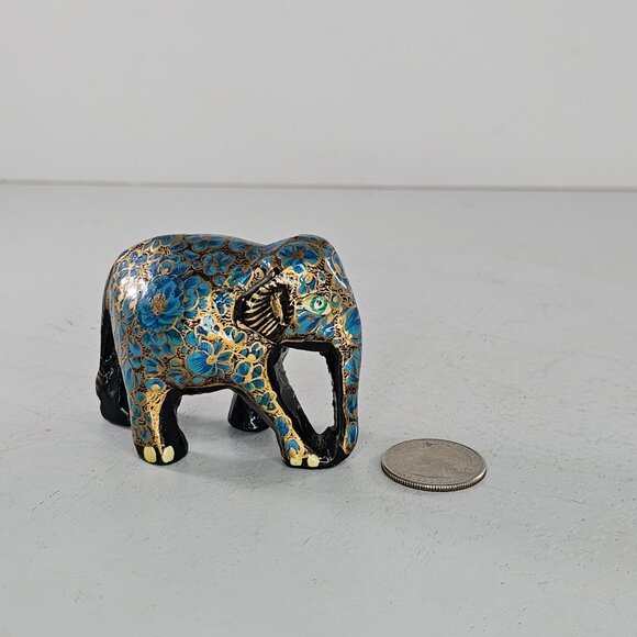Hand-Painted Paper Mache Wood Elephant Figurine Blue Gold Floral Black 2" - Picture 6 of 8